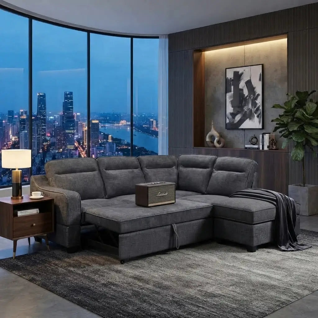 Modern tufted sofa bed displayed as a grey sectional sofa with a lift-up storage compartment and accent pillows
