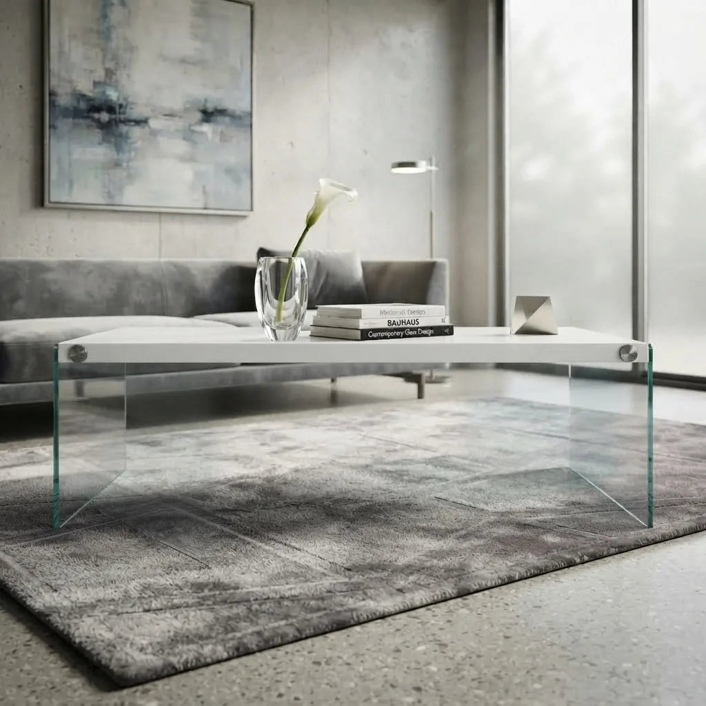 Thick clear tempered glass side panel support on modern coffee table