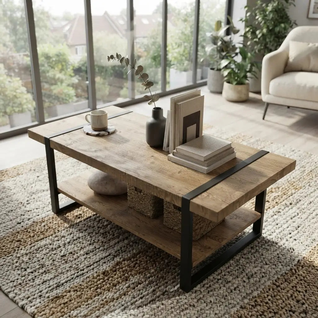 48 inch natural oak wood look coffee table with black metal frame and lower storage shelf