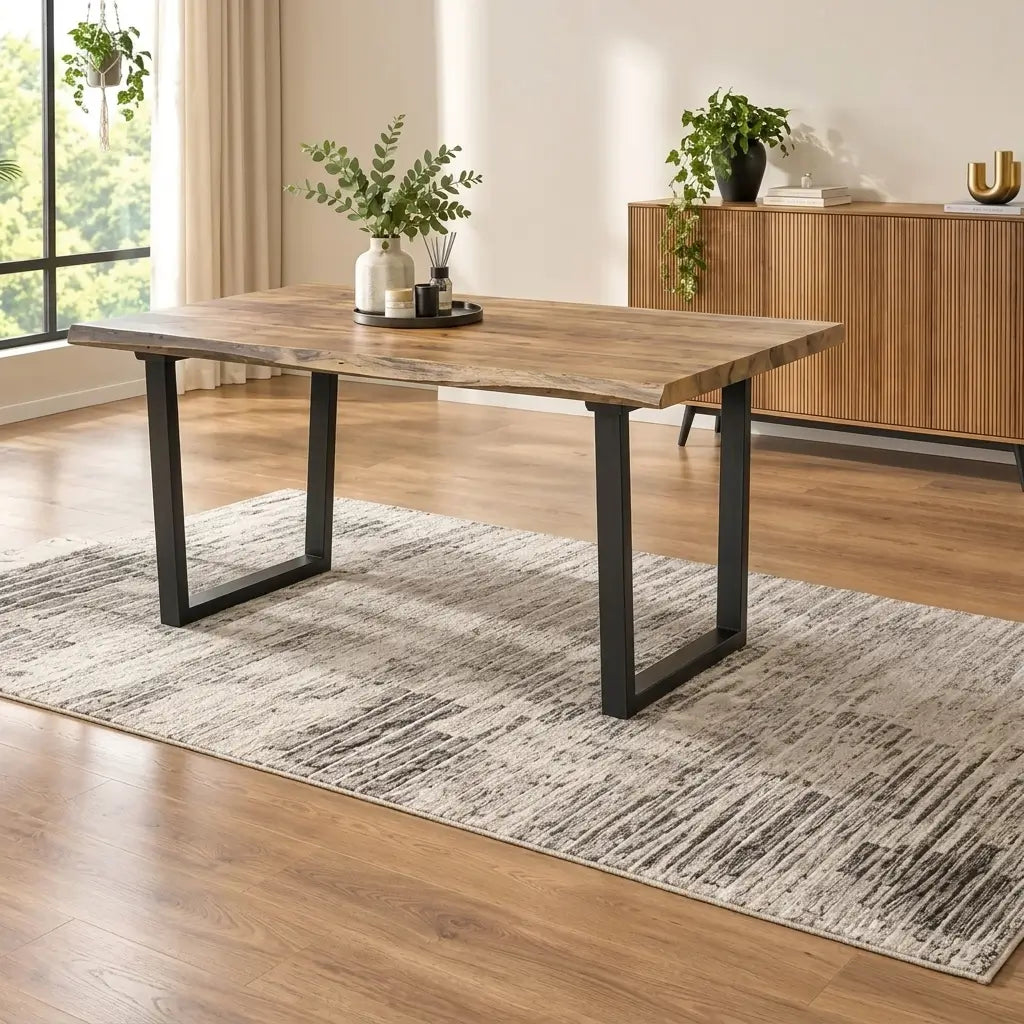 7-Piece Modern Dining Set close-up showing durable tabletop texture, sturdy wooden legs, and supportive chair back slats