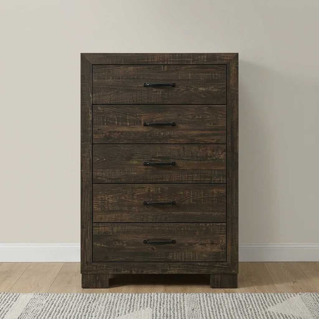 Rustic Oak 5-drawer vertical tall chest with dark metal pulls
