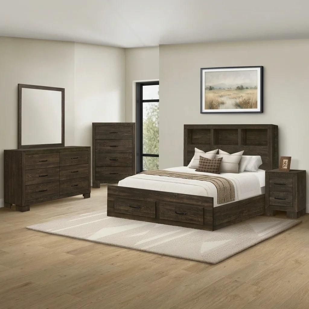 Rustic Oak Bookcase Storage Queen Bed I-5270 with 2 footboard drawers and headboard shelving in a bedroom setting