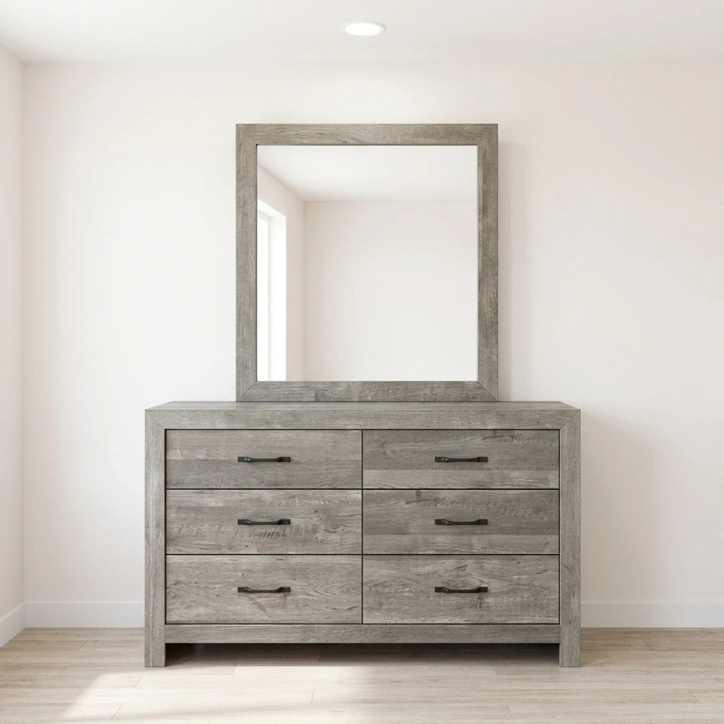 Modern rustic driftwood gray 6-drawer double dresser with dark metal handles and square framed wall mirror