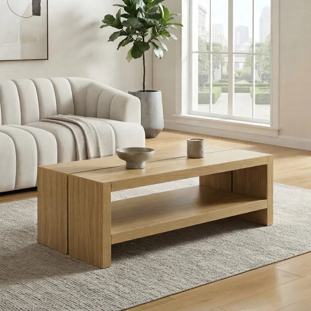 Contemporary 48 inch natural oak wood coffee table on area rug