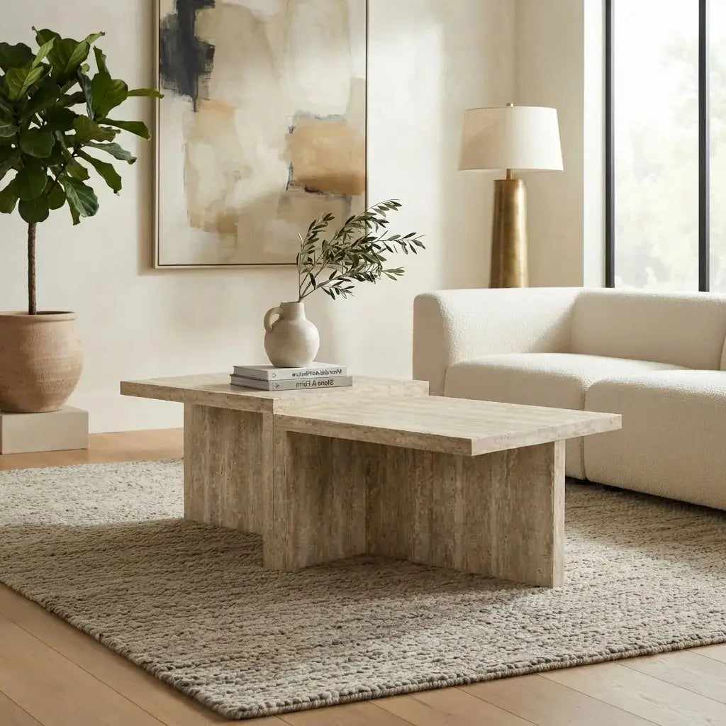 47 inch beige travertine stone look coffee table styled next to cream sofa in modern living room