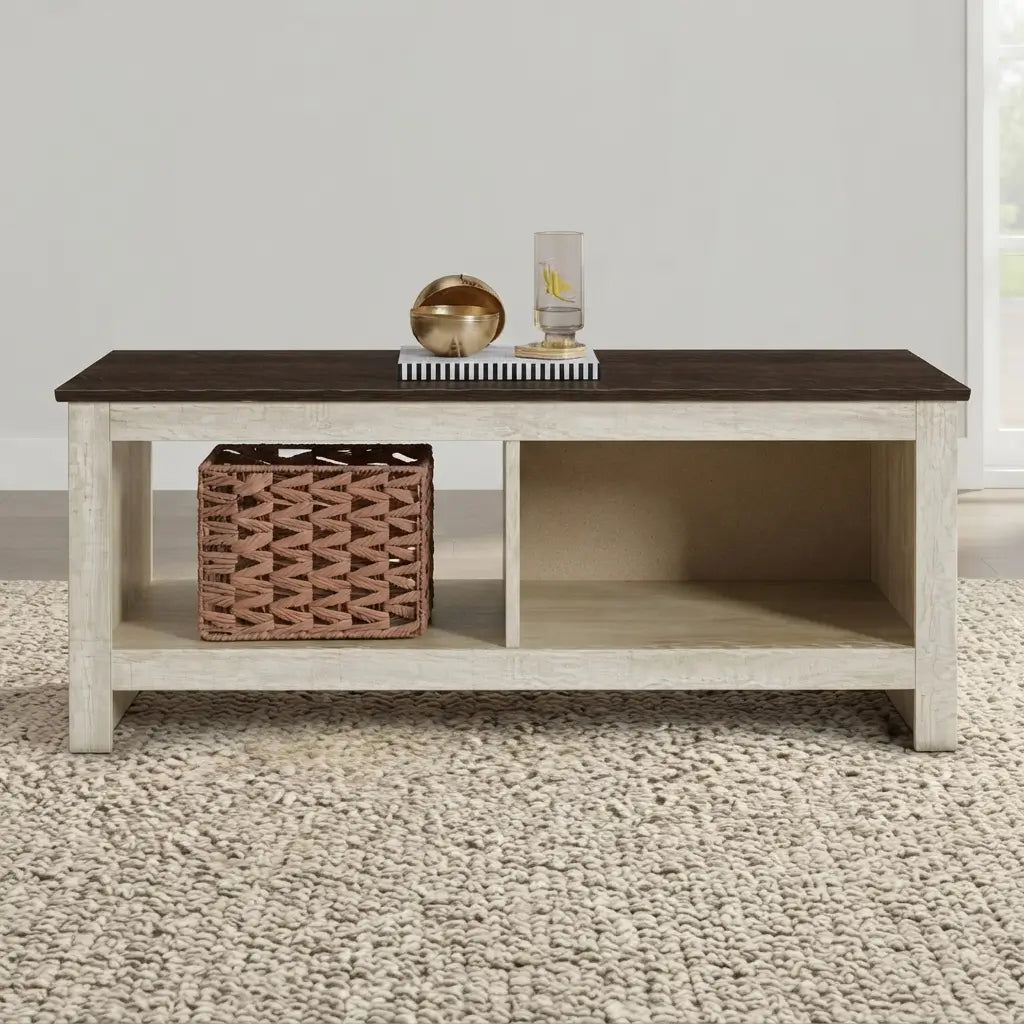 Dark brown oak laminate tabletop contrast finish on two-tone rectangular coffee table