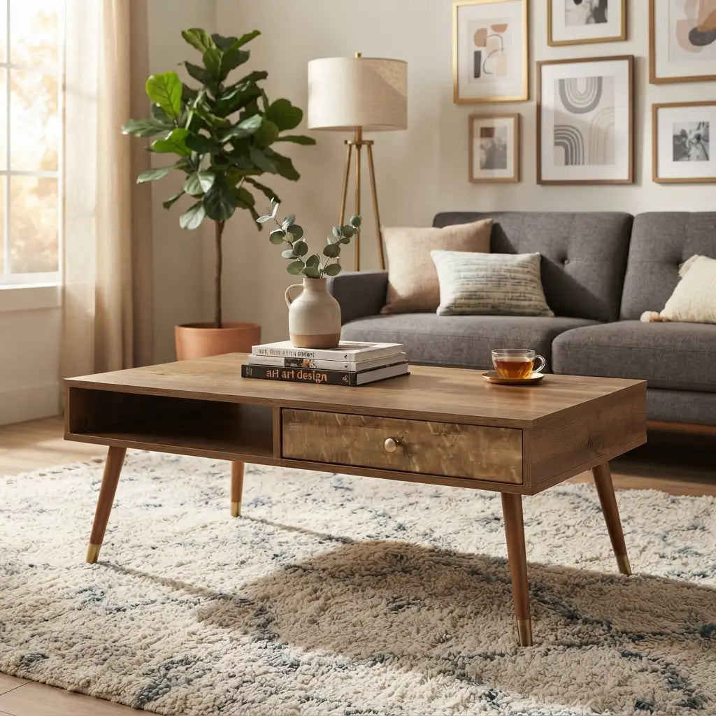 44 inch walnut mid-century modern coffee table with storage drawer styled in warm living room