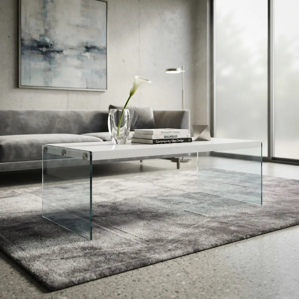 Modern white glossy coffee table with glass legs in living room setting