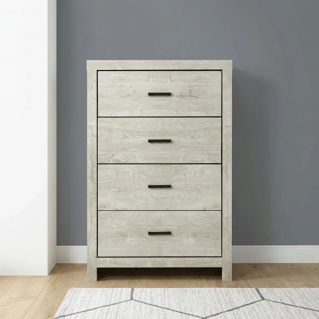 Bleached Oak 4-drawer vertical tall chest with sleek dark handles matching I-5211 bed set