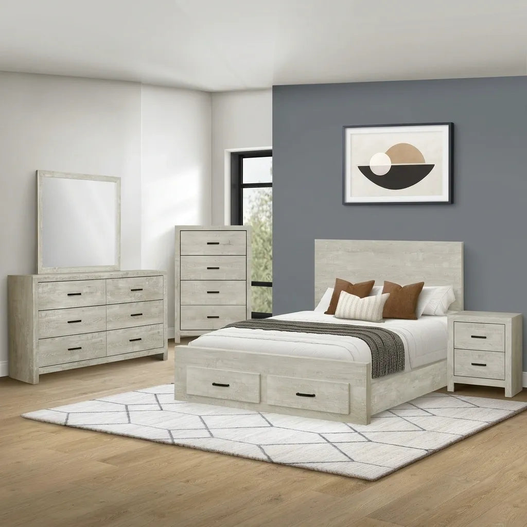 Bleached Oak contemporary panel Queen bed I-5211 with 2 footboard storage drawers in bedroom setting