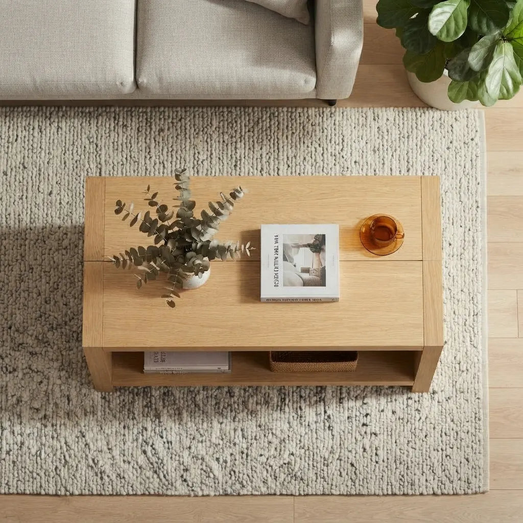 Smooth natural oak wood finish tabletop surface detail on rectangular coffee table