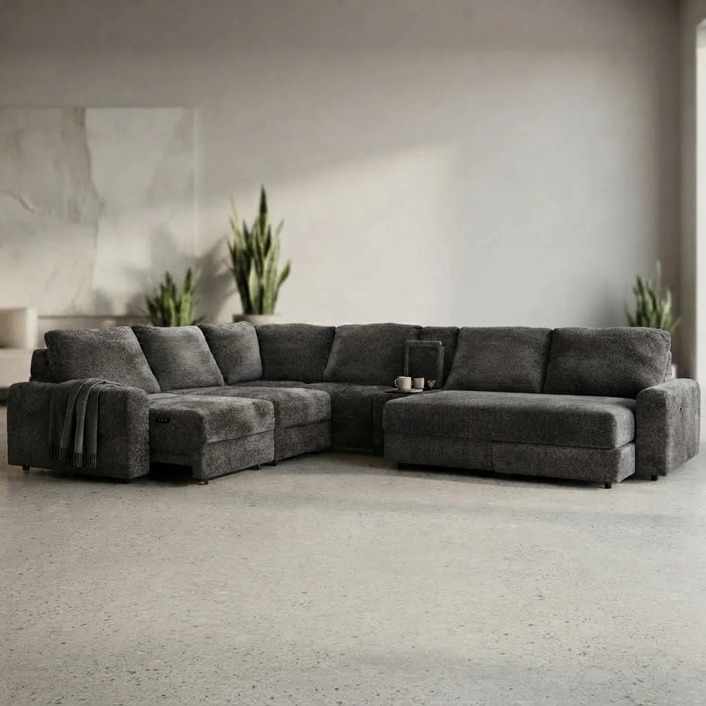 Textured gray fabric L-shaped sectional sofa with chaise lounge and built-in storage