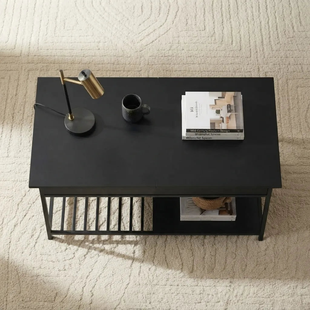 Modern 42 inch lift top coffee table positioned in front of grey sofa