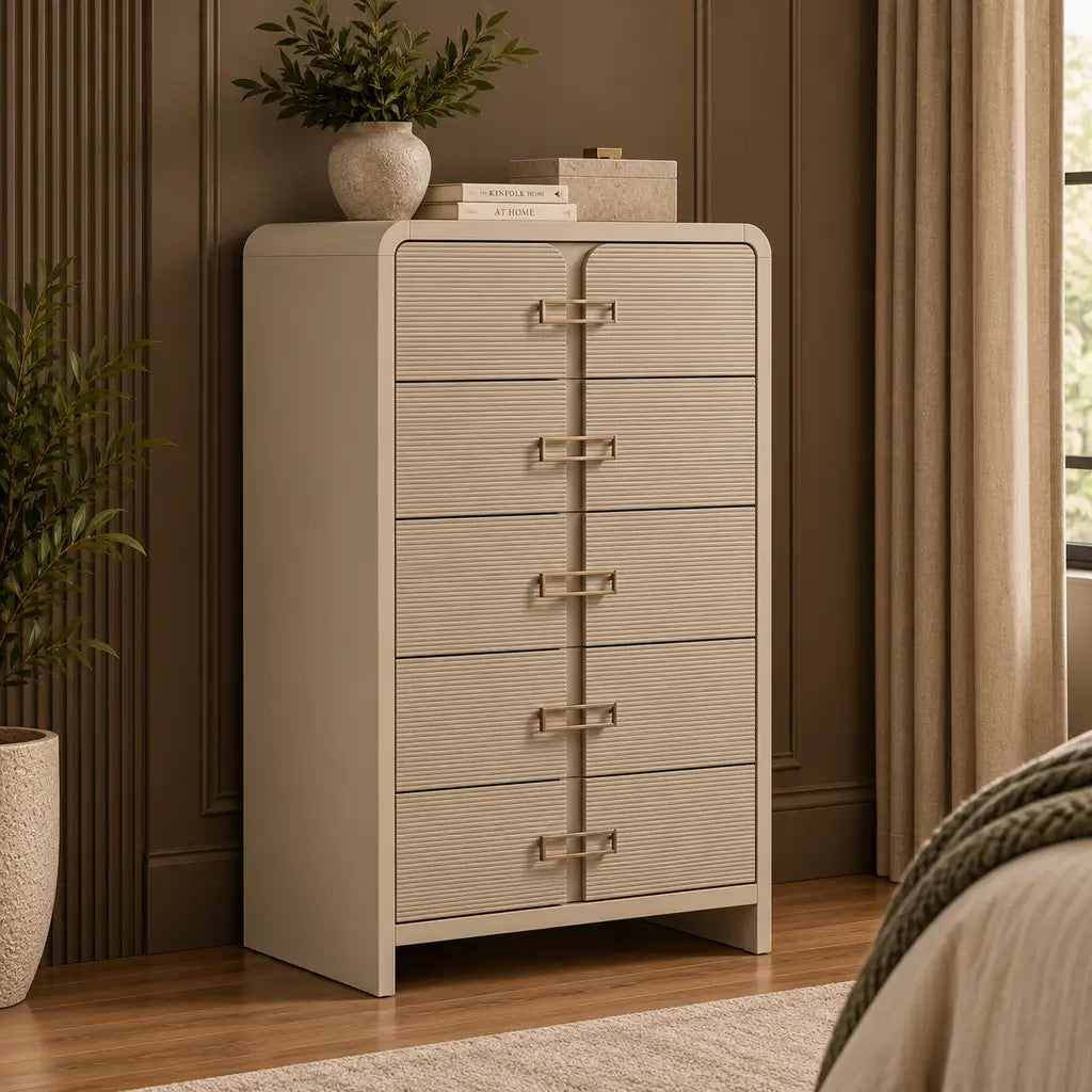 Aria beige wood platform storage bed featuring two footboard drawers and a panel headboard