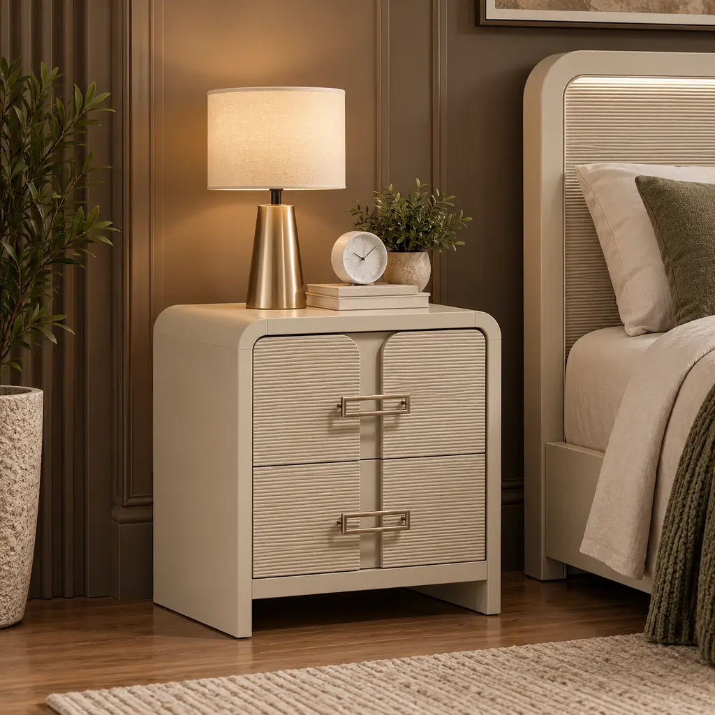 Aria beige wood bedside nightstand featuring multi-drawer storage and clean transitional styling