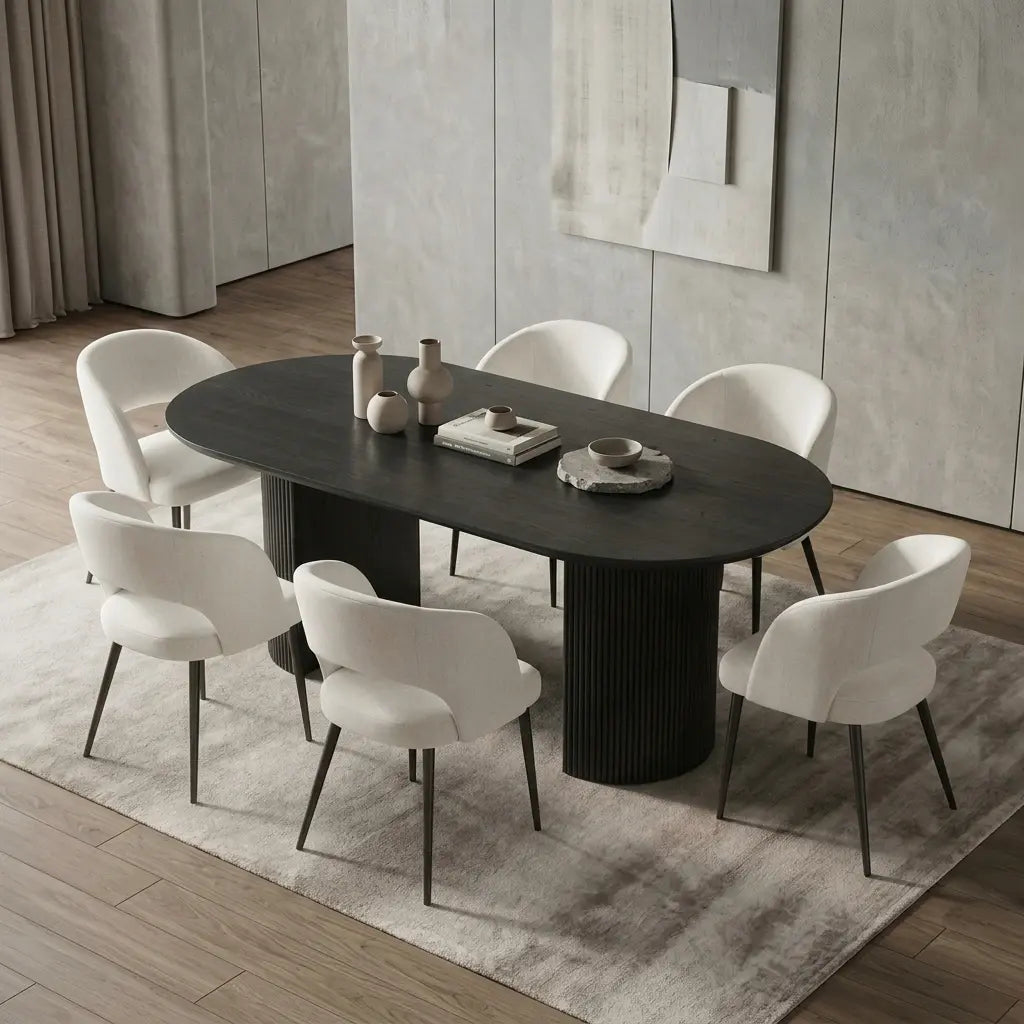 7-Piece Modern Dining Set featuring a sleek rectangular dining table and matching upholstered chairs in a modern home