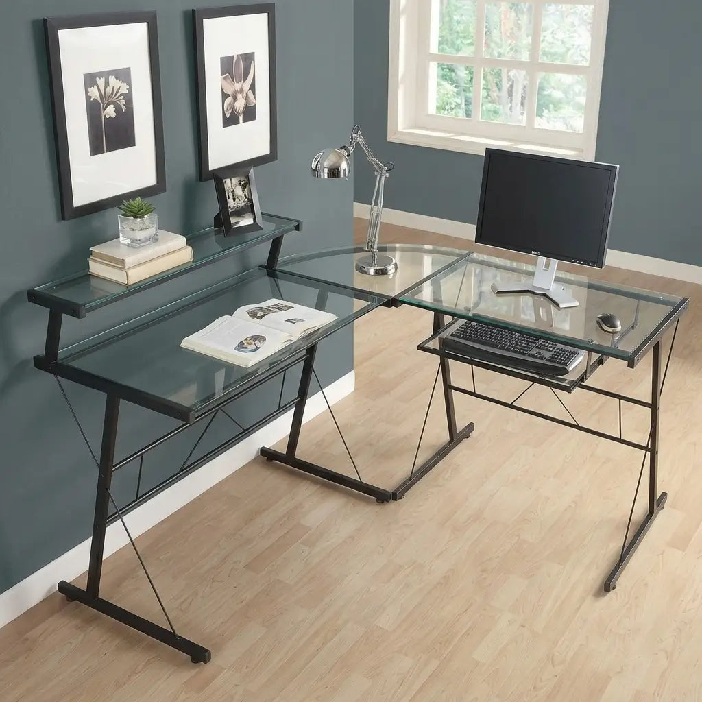 Modern glass L-shaped office desk with raised shelf and keyboard tray