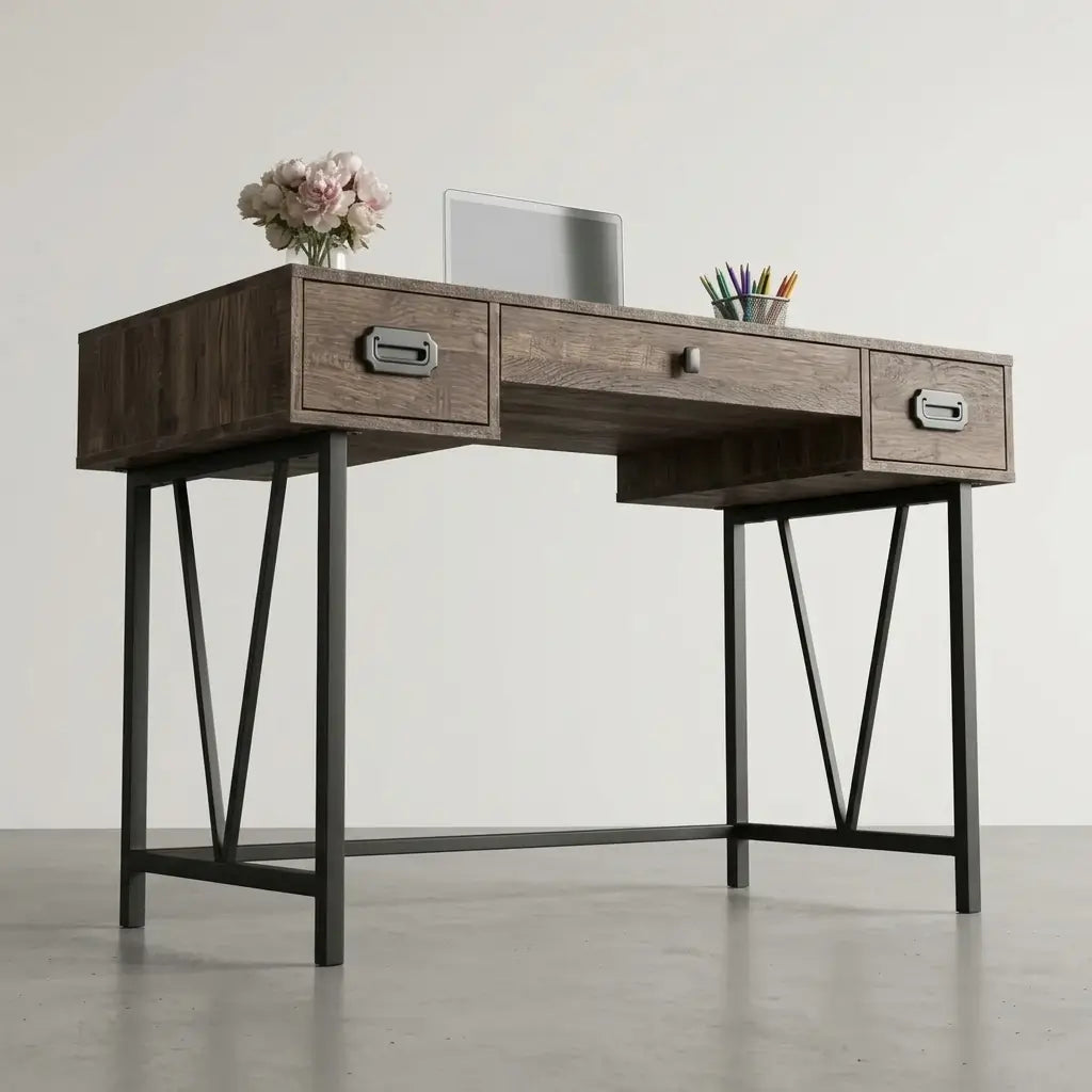 Angle-view of industrial brown computer desk with 3 storage drawers and open leg design