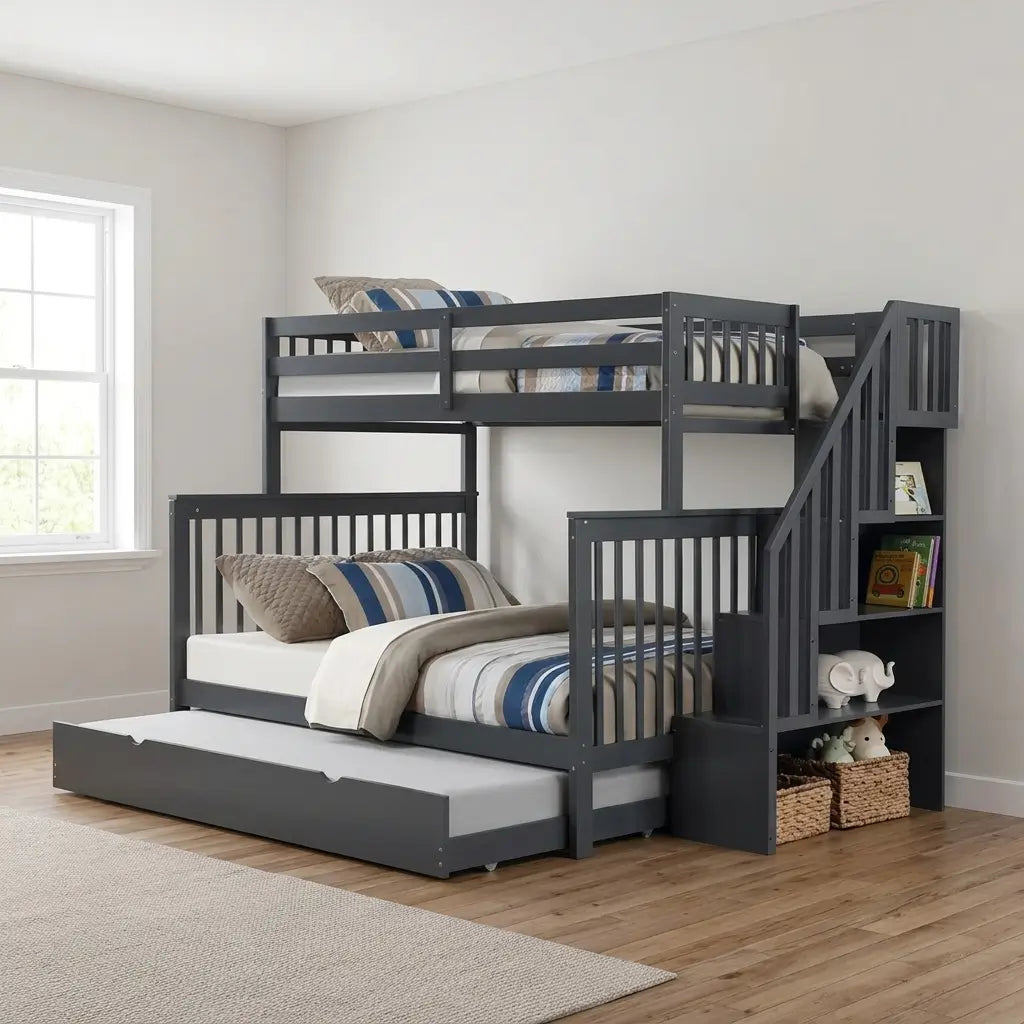 Mission style single over double bunk bed side view