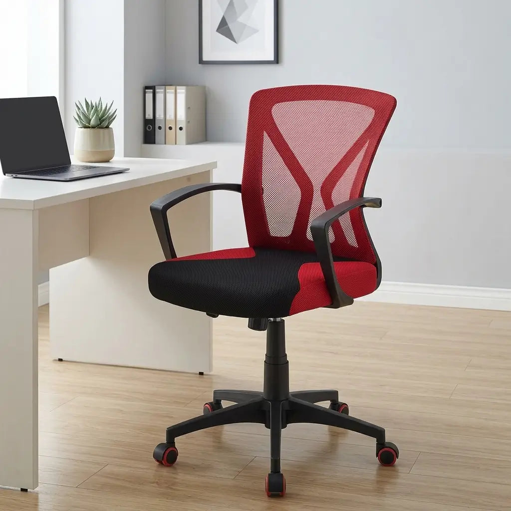 Black and red gaming chair with breathable red mesh back, curved mid-back design, integrated armrests, and black metal rolling base   