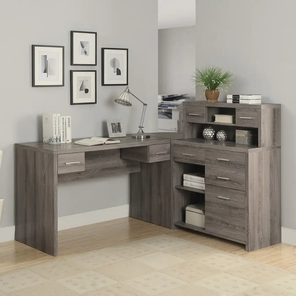 L-Shaped Computer Desk with Storage Drawers & Hutch Brown Industrial