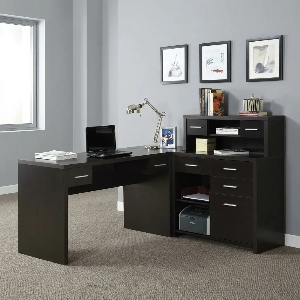 Rustic brown L-shaped desk with large work surface, hutch with open cubbies and shelf top, and drawers with silver handles