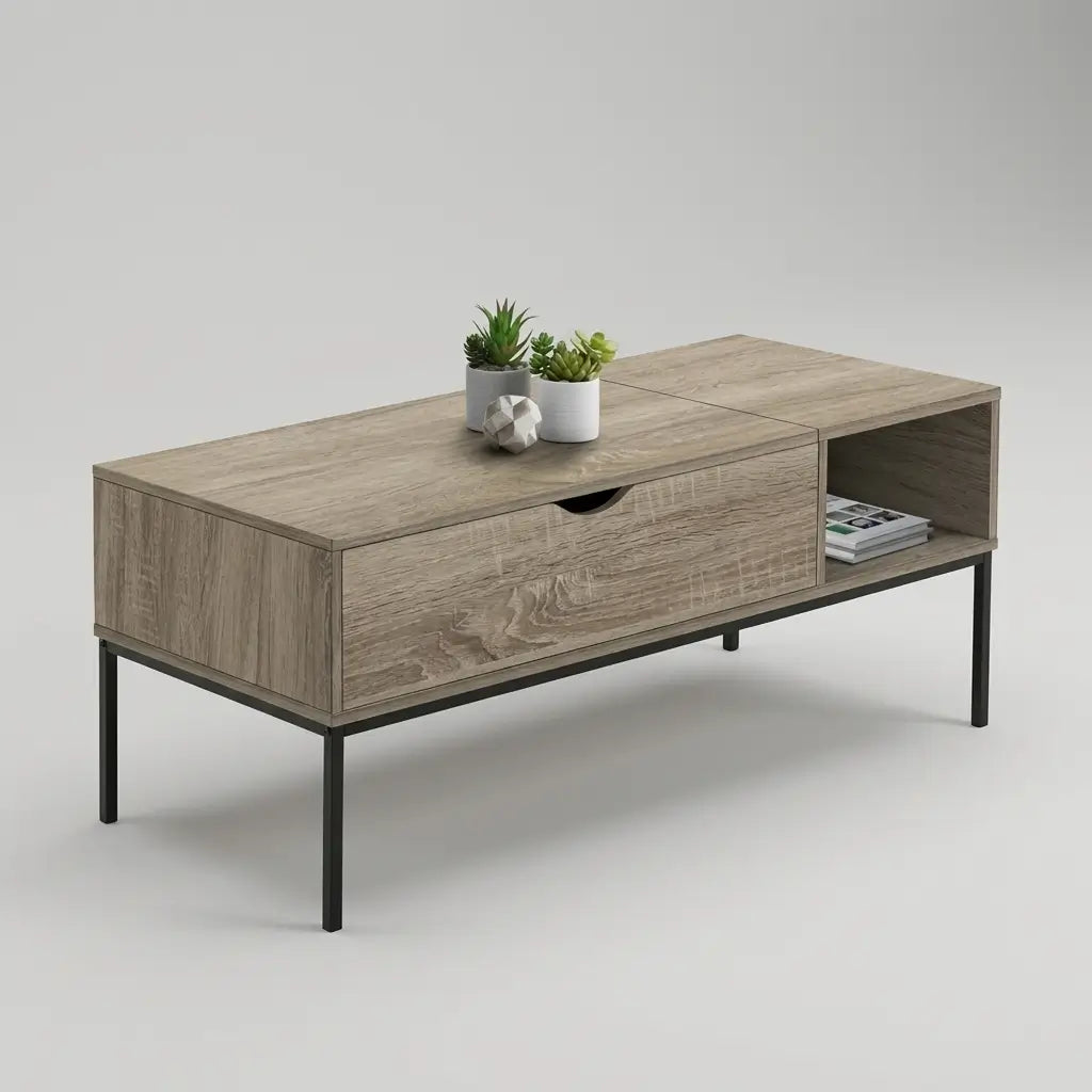 Washed oak lift top coffee table with hidden storage open mechanism