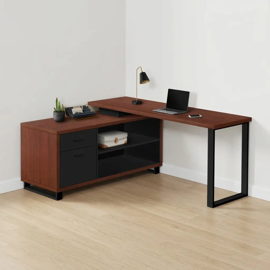 Contemporary L-shaped computer desk with two-tiered work surface and storage drawers
