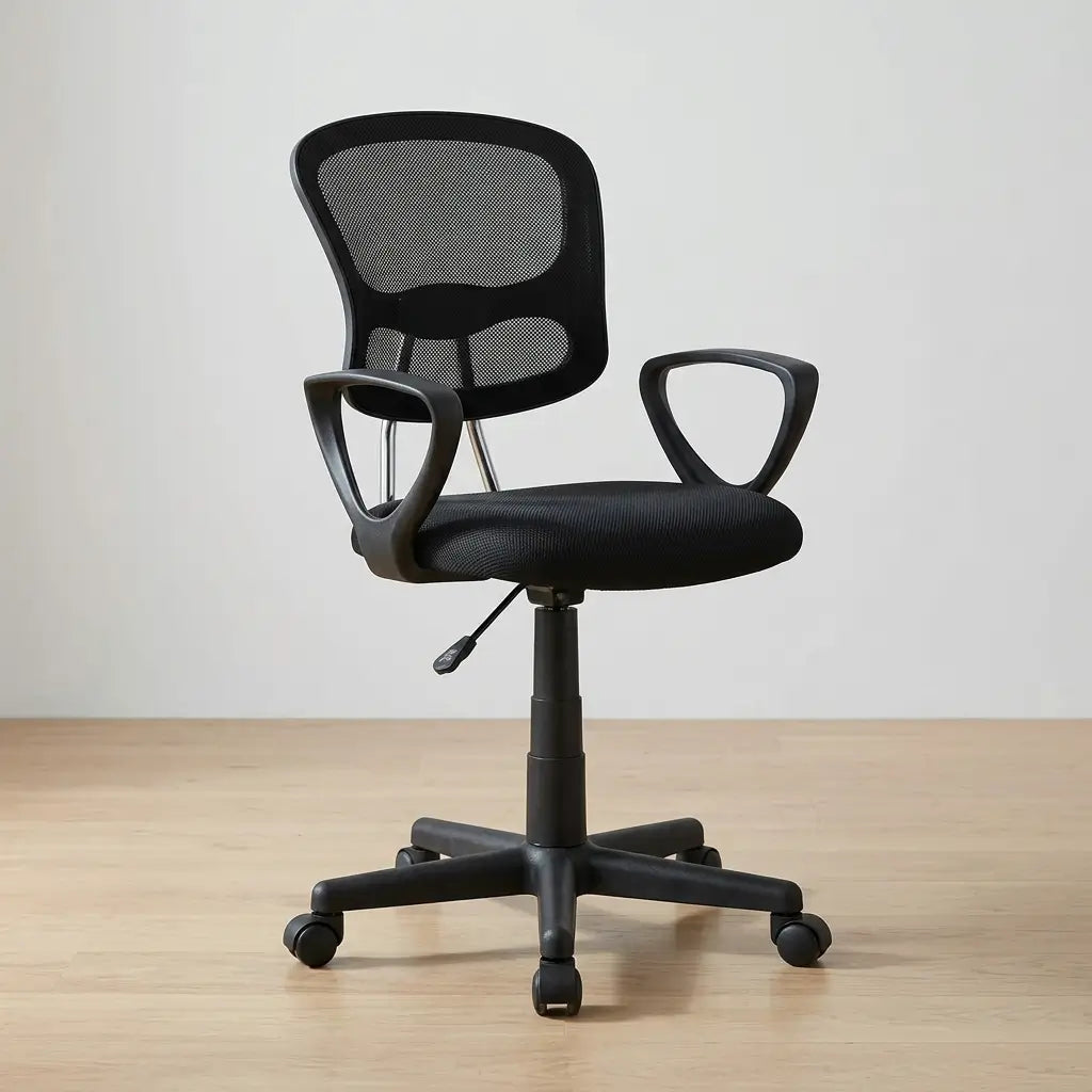 Close-up of breathable mesh backrest and padded seat on youth swivel chair