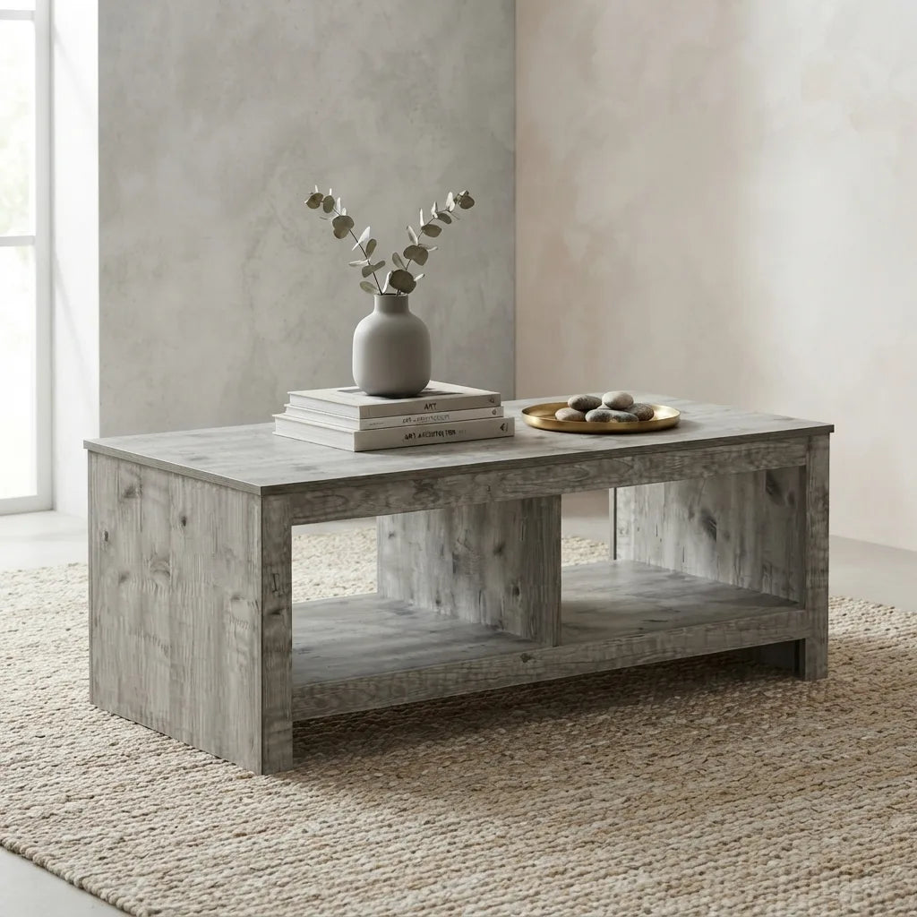 Rustic grey laminate coffee table with thick paneled frame for living room