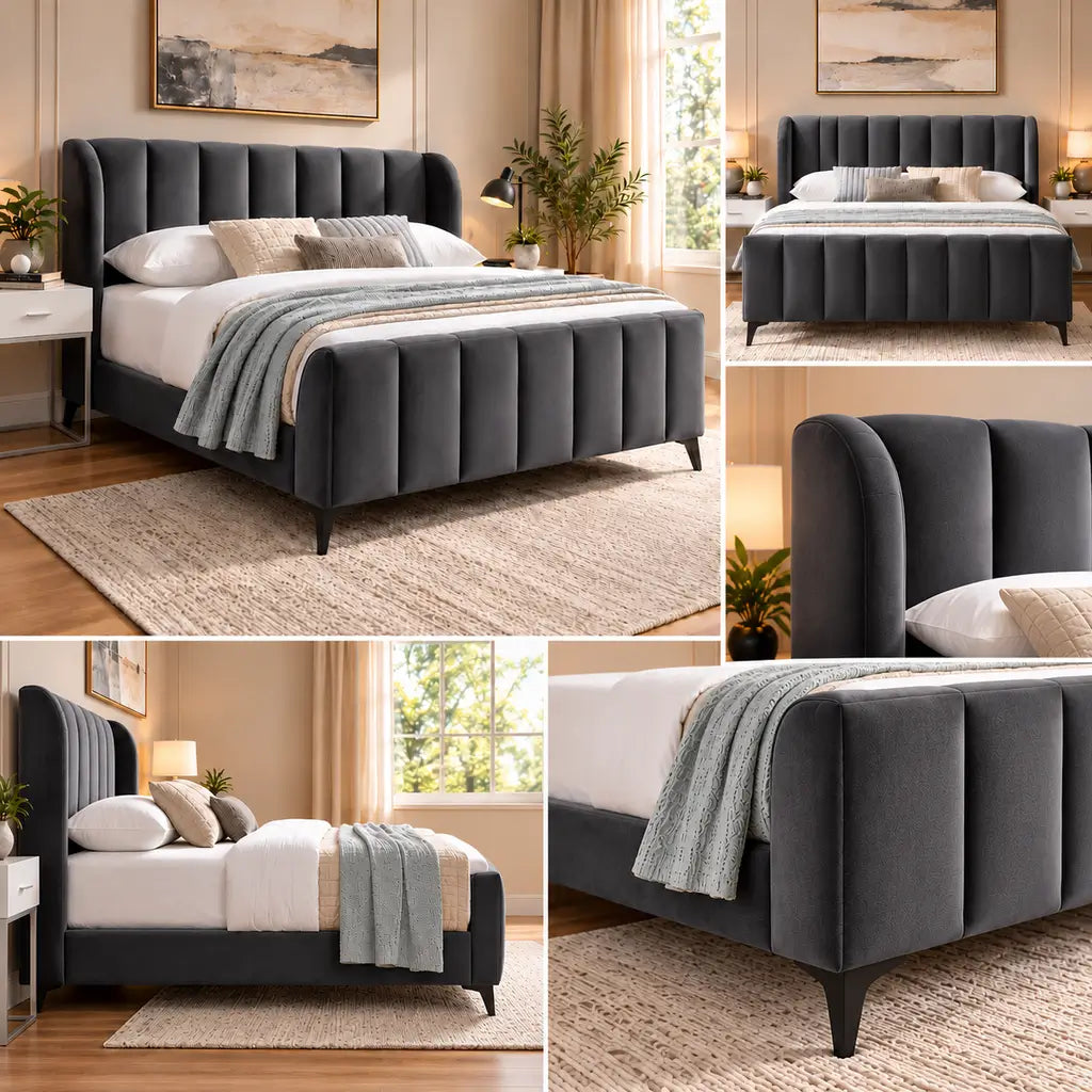 Grey Velvet Wingback Bed with Black Metal Legs