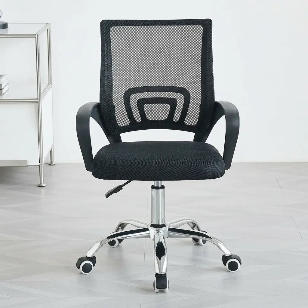 Black mesh back office chair with cushioned seat and shiny chrome legs in a contemporary home office
