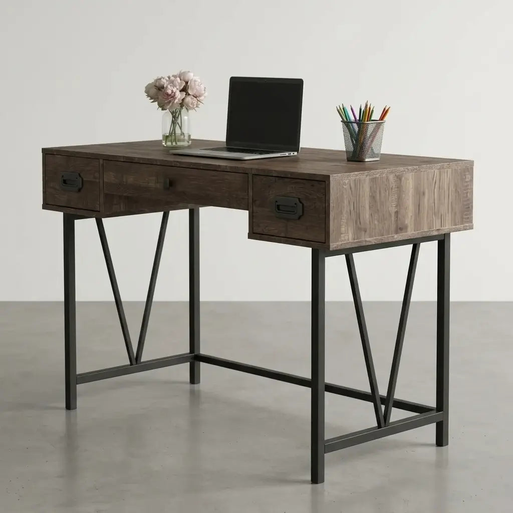 Front view of reclaimed wood-look home office computer desk styled with laptop and accessories
