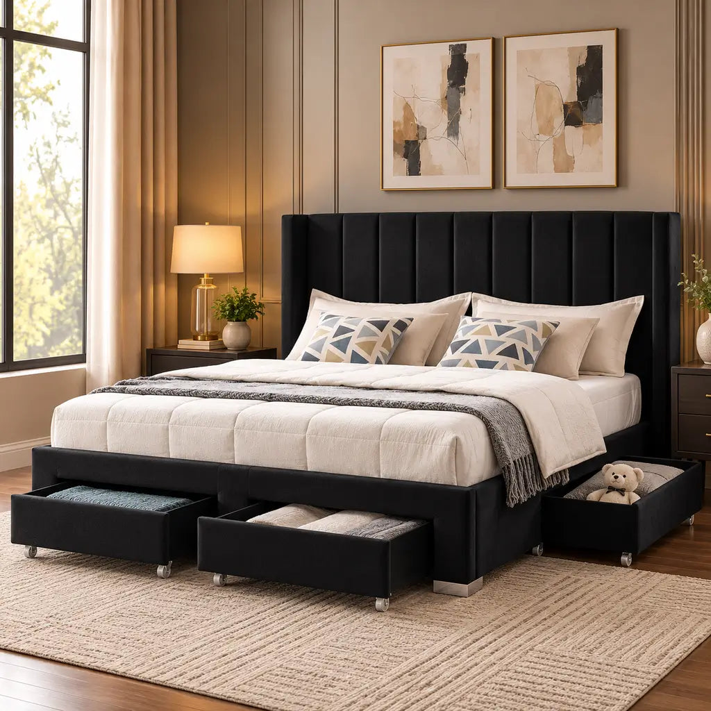 Black Velvet Wingback Storage Bed with Chrome Legs