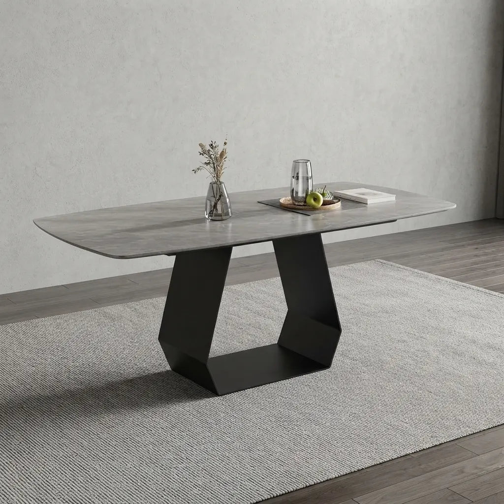 7-Piece Marble-Look Sintered Stone Dining Set displayed with a white marble-pattern tabletop and soft grey velvet chairs in a contemporary home