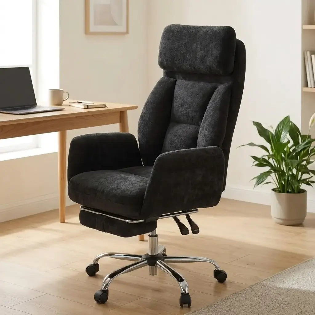 ergonomic high-back chair with plush padded seat, adjustable headrest, and chrome swivel base with hooded wheels