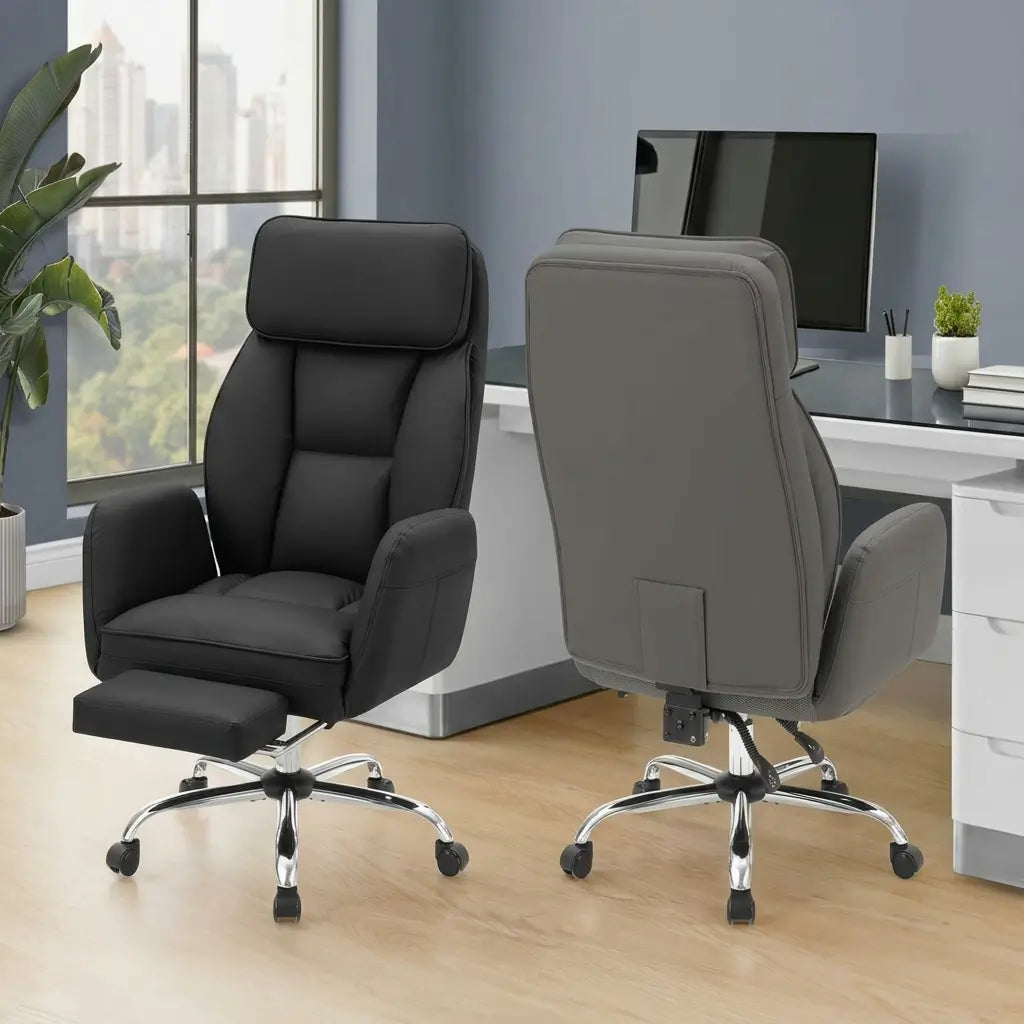 Black and grey ergonomic high-back chair with padded seat, adjustable headrest, and swivel base with hooded wheels at a desk