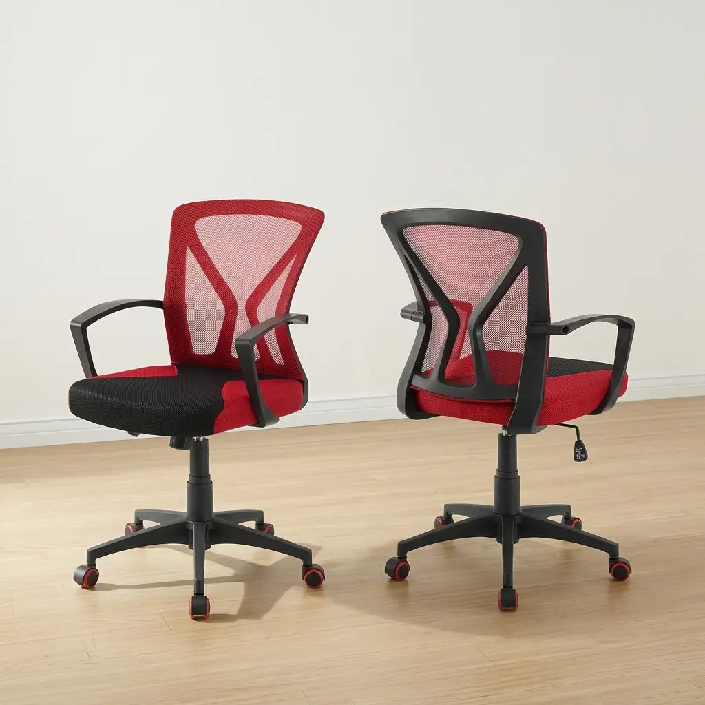 Mid-back gaming chair with red mesh back, thick foam seat cushion, integrated armrests, and black metal base with rolling casters   