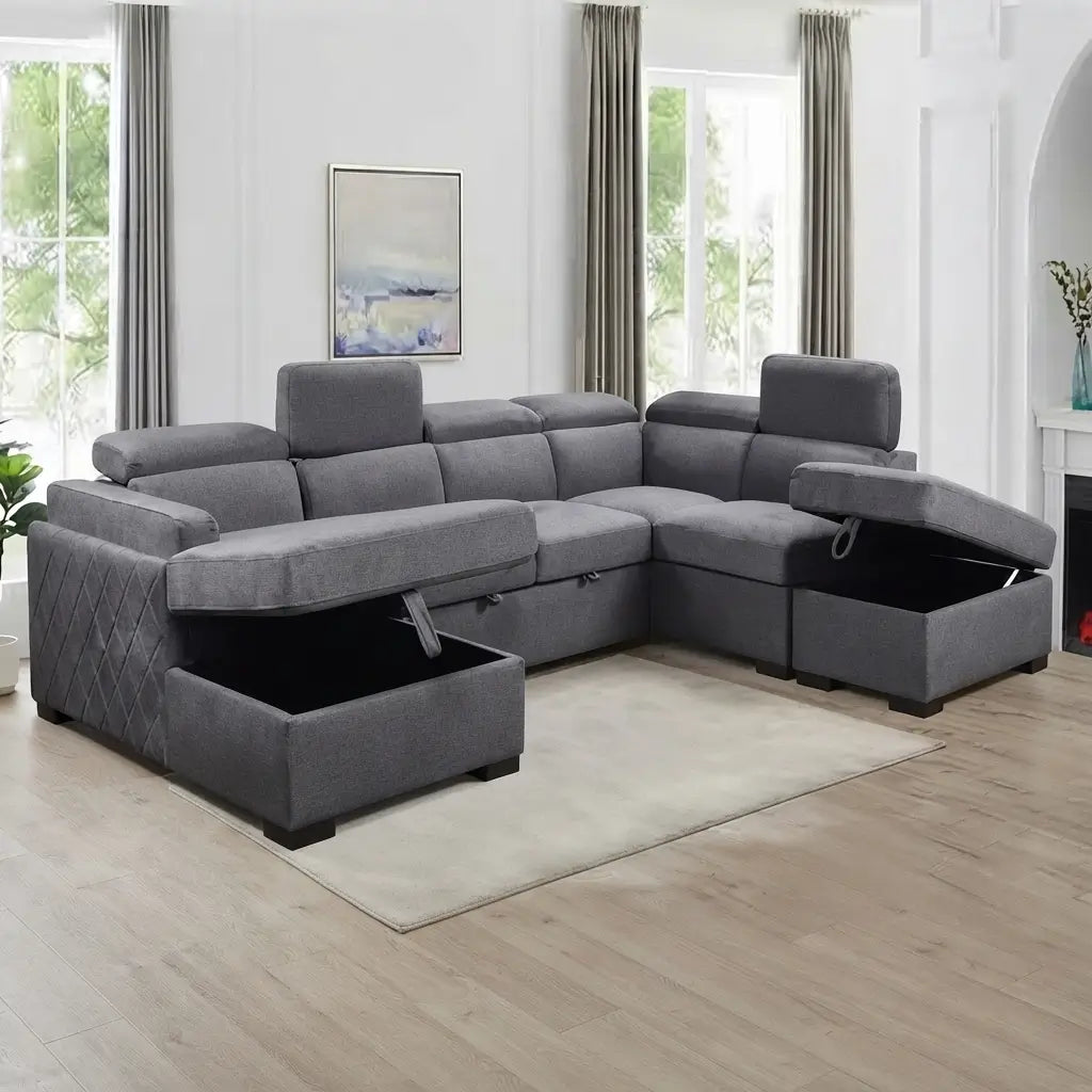 Modern grey fabric sofa bed close-up showing a gray upholstered storage ottoman and front storage compartment with raised seat cushion
