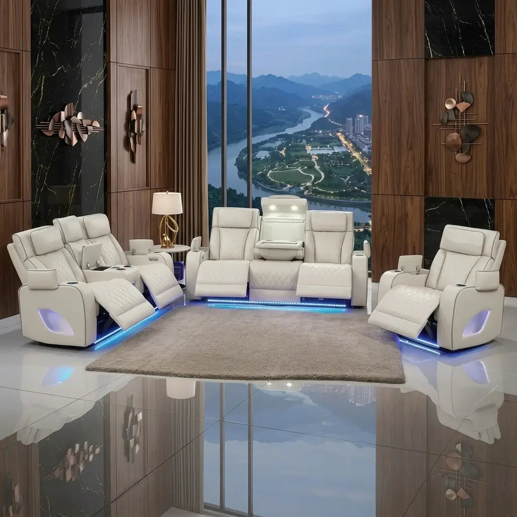 Modern leather sofa with durable waterproof finish and USB charging switch, styled with cushions in a bright living room
