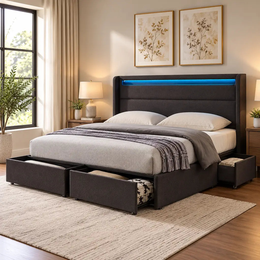 Grey Fabric Wingback Platform Bed with LED Lights and Storage Drawers