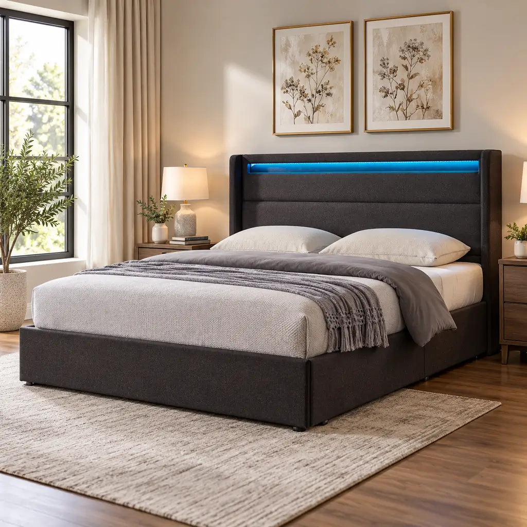 Grey Fabric Wingback Platform Bed with LED Lights and Storage Drawers