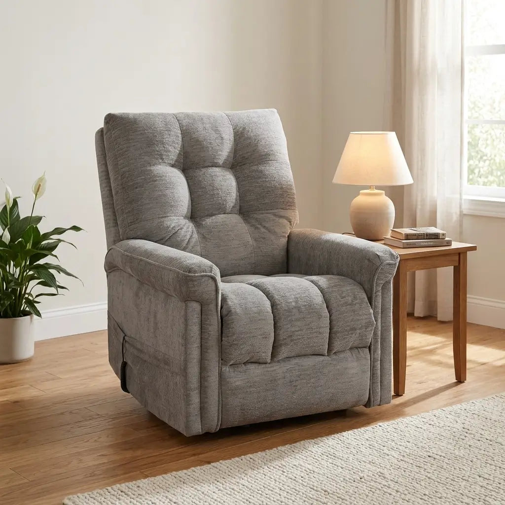 Soft grey upholstered lift chair with padded seat and back on a sturdy hardwood frame in a comfortable home setting