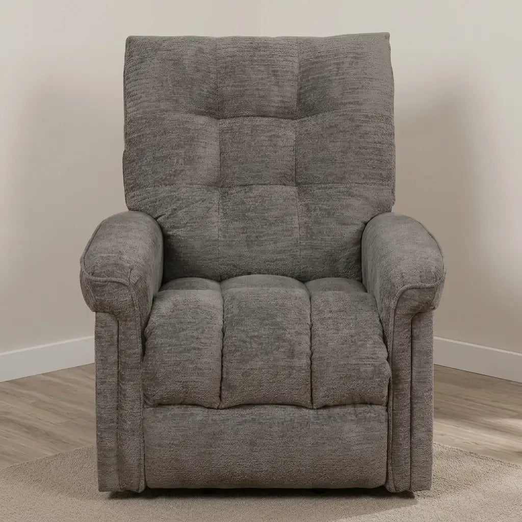 Soft grey upholstered power lift chair with padded cushions