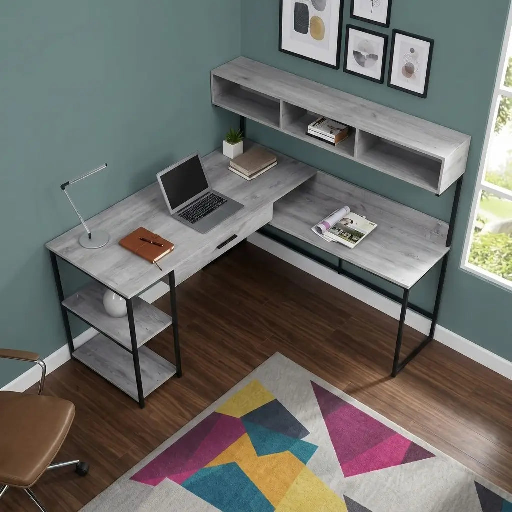 Wood-look grey L-shape corner desk with hutch and black legs