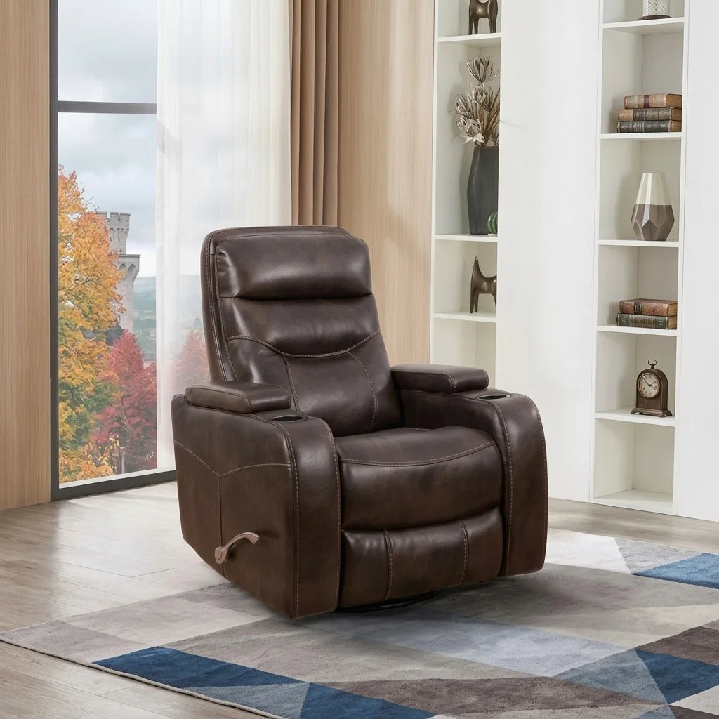 Soft brown swivel glider recliner chair in living room