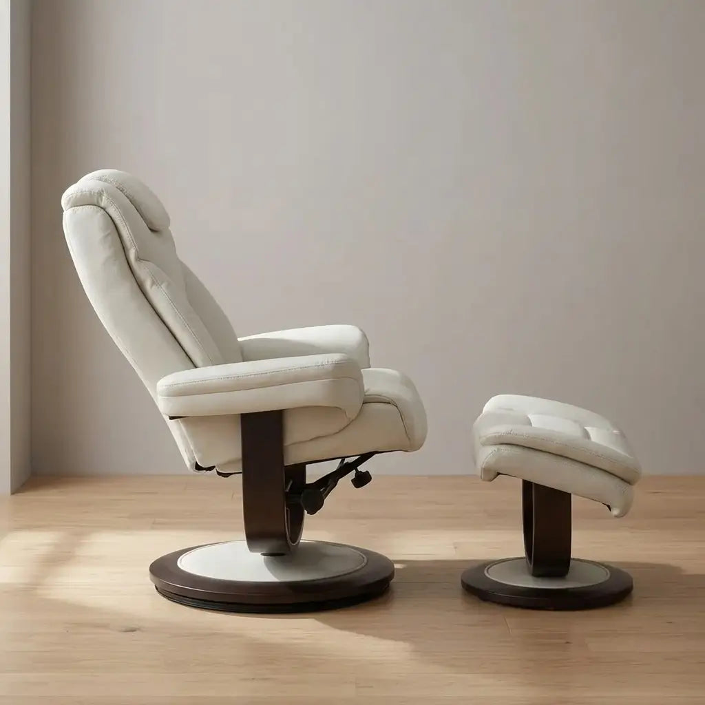 Soft ivory-beige swivel recliner chair with matching ottoman, hardwood frame, and cushioned seat in a living room