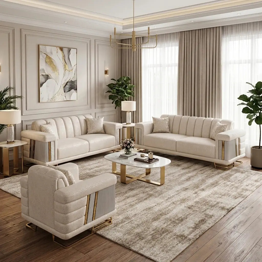 Percy velvet sofa set with sofa, loveseat, chair, and channel-tufted backs   