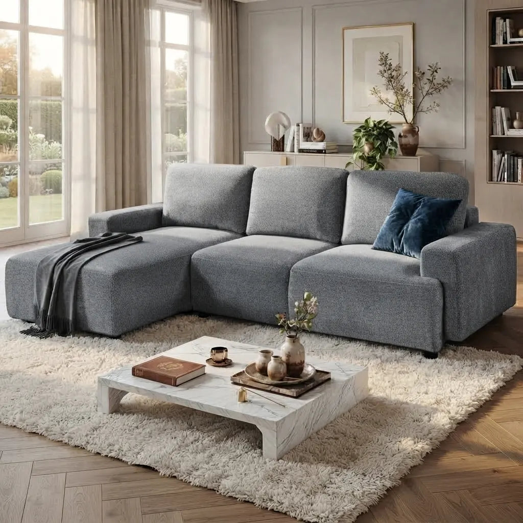 Salt-and-pepper grey textured fabric 3-seater sleeper sectional with left-facing storage chaise