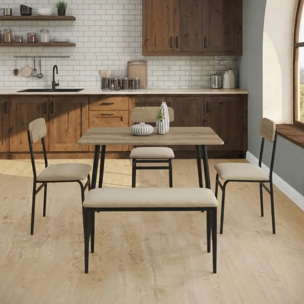 5 piece rustic oak dining table set with 4 beige cushioned chairs in